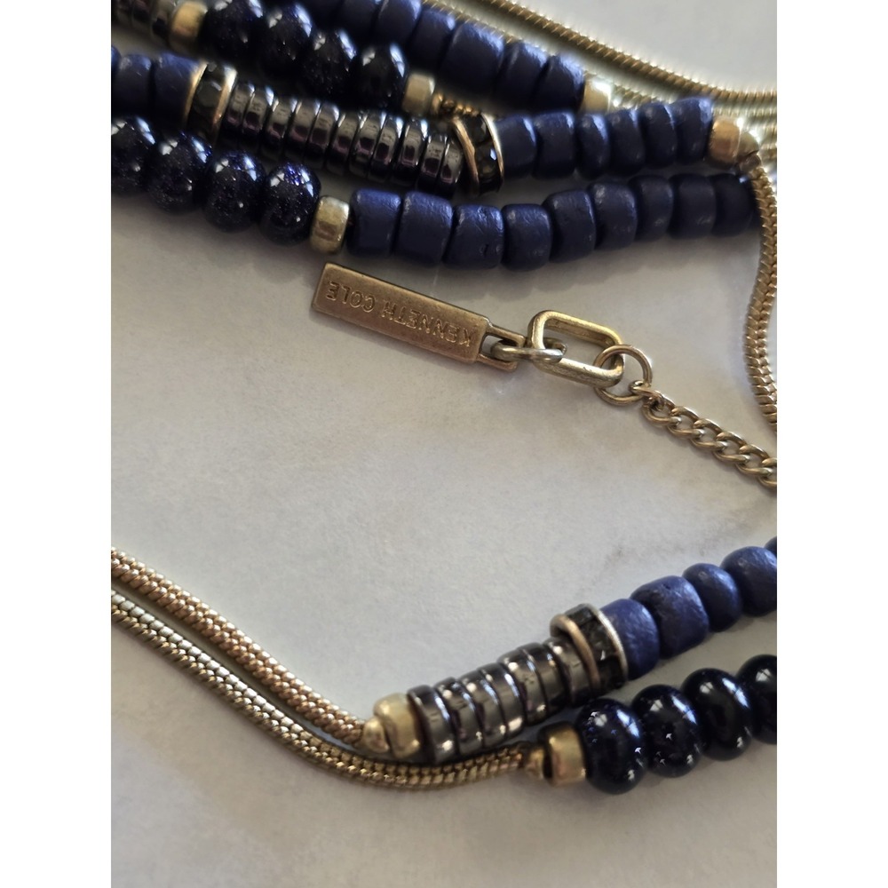 Kenneth Cole Blue Beaded Snake Chain Necklace Gold Tone 21-25"  Boho Modern